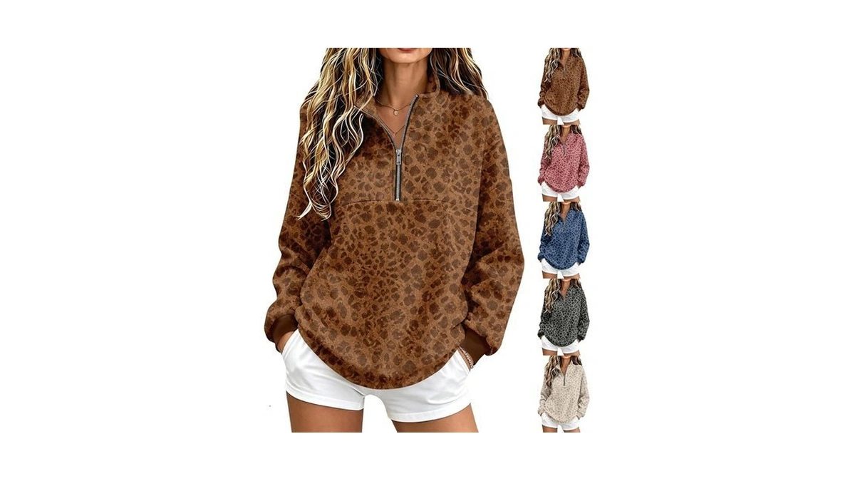 3/4 Zip Pullover Womens Leopard Print Mockneck Fleece Oversized Sweatshirt