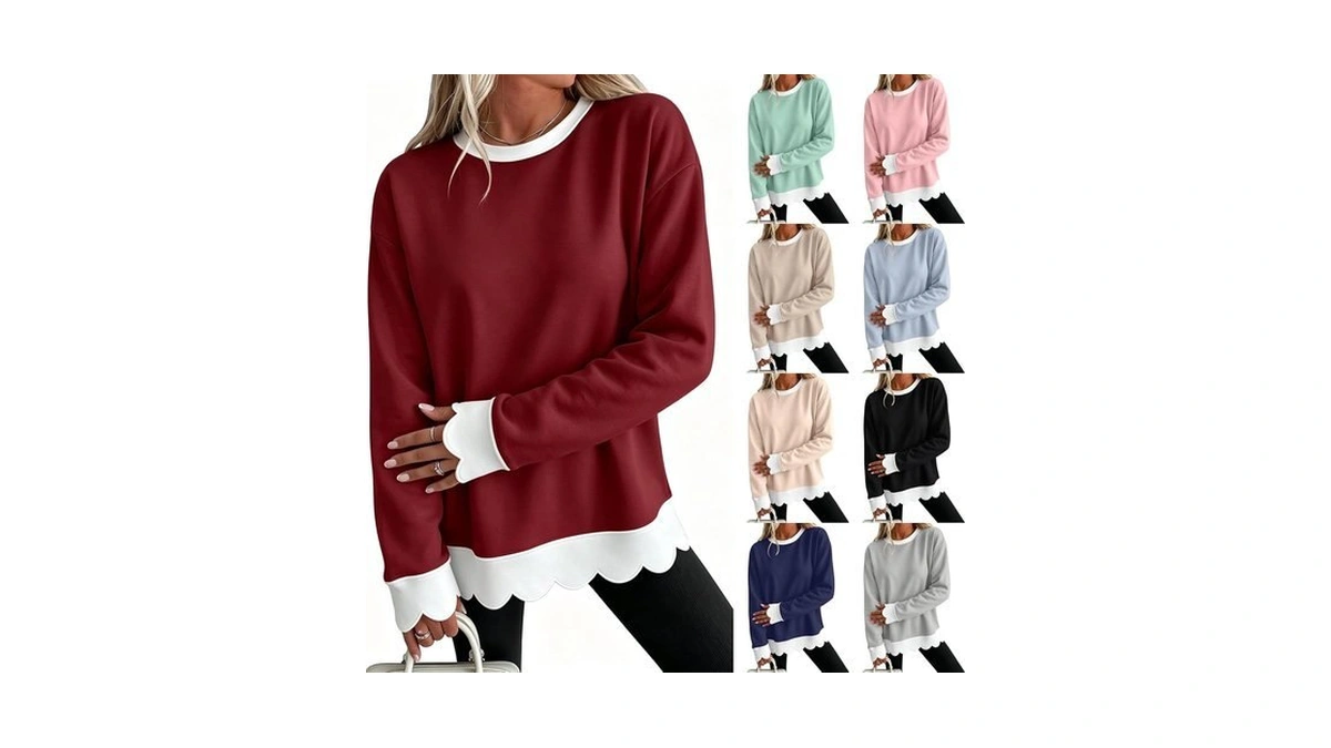 Womens Crewneck Sweatshirt Scalloped Fall Color Block Pullover Tops