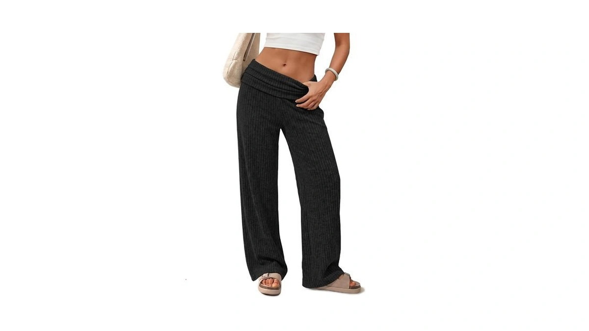 Hswsej Women's Wide Leg Pants High Waist Ribbed Knit Fold